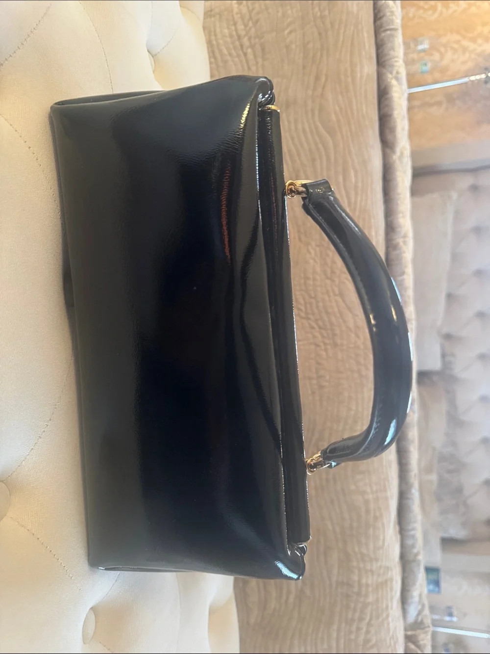 JW PEI Black Patent Top-Handle Clutch with Gold Hardware